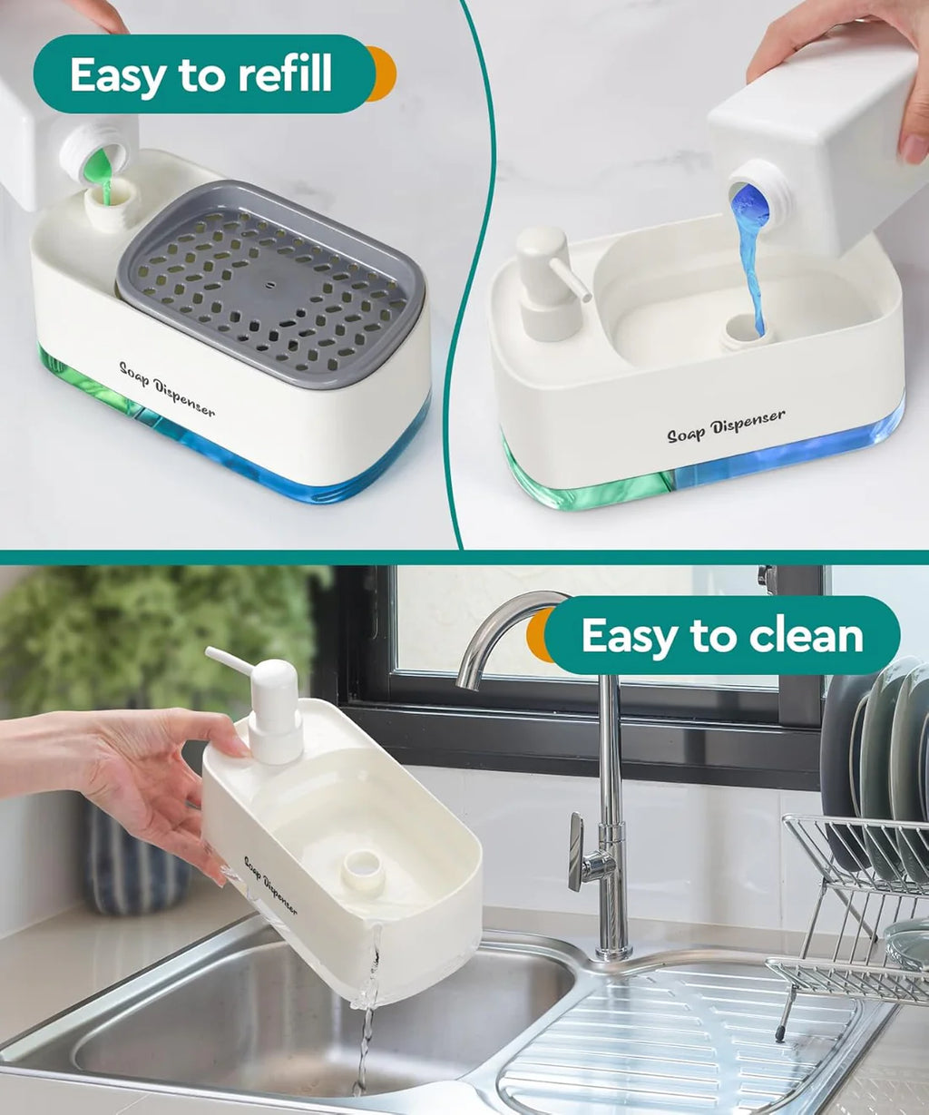 Kitchen Dishwashing Soap Dispenser with Dual Compartments & Sponge Tray