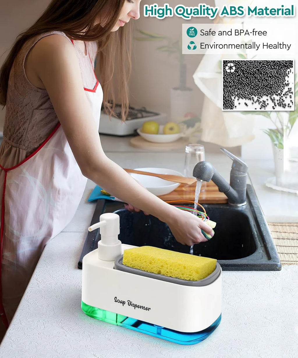 Kitchen Dishwashing Soap Dispenser with Dual Compartments & Sponge Tray
