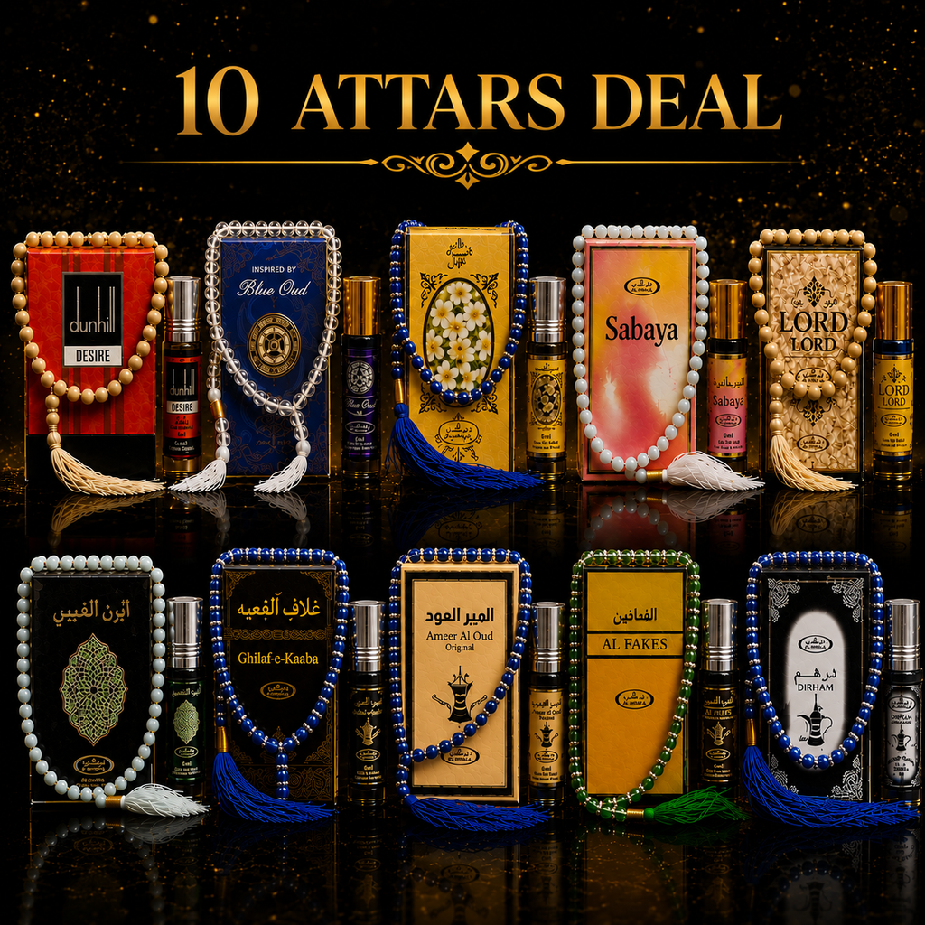 10 Attars Deal with Tasbeeh | Premium Long-Lasting Attar Collection